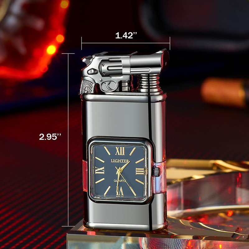 Windproof Lighter, Vintage Lighter with Watch, Jet Torch/Soft Flame Switchable Lighters, Cool Lighters with Adjustable Flame Dial, Butane Refillable for Men/Husband (Fuel Not Included)