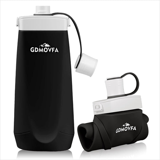 GDMOVFA Collapsible Water Bottles,20oz Reusable Silicone Foldable Water Bottle,Portable Leak-proof Collapsible Water Bottle for Traveling Camping Hiking Cycling Yoga Sports Outdoor (Black)