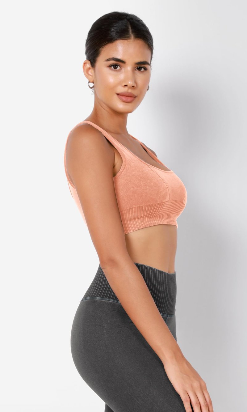 ODODOS Seamless Square Neck Sports Bra for Women Ribbed Crop Tank Casual Low Back Cropped Tops, Stone Washing Orange, X-Large-XX-Large