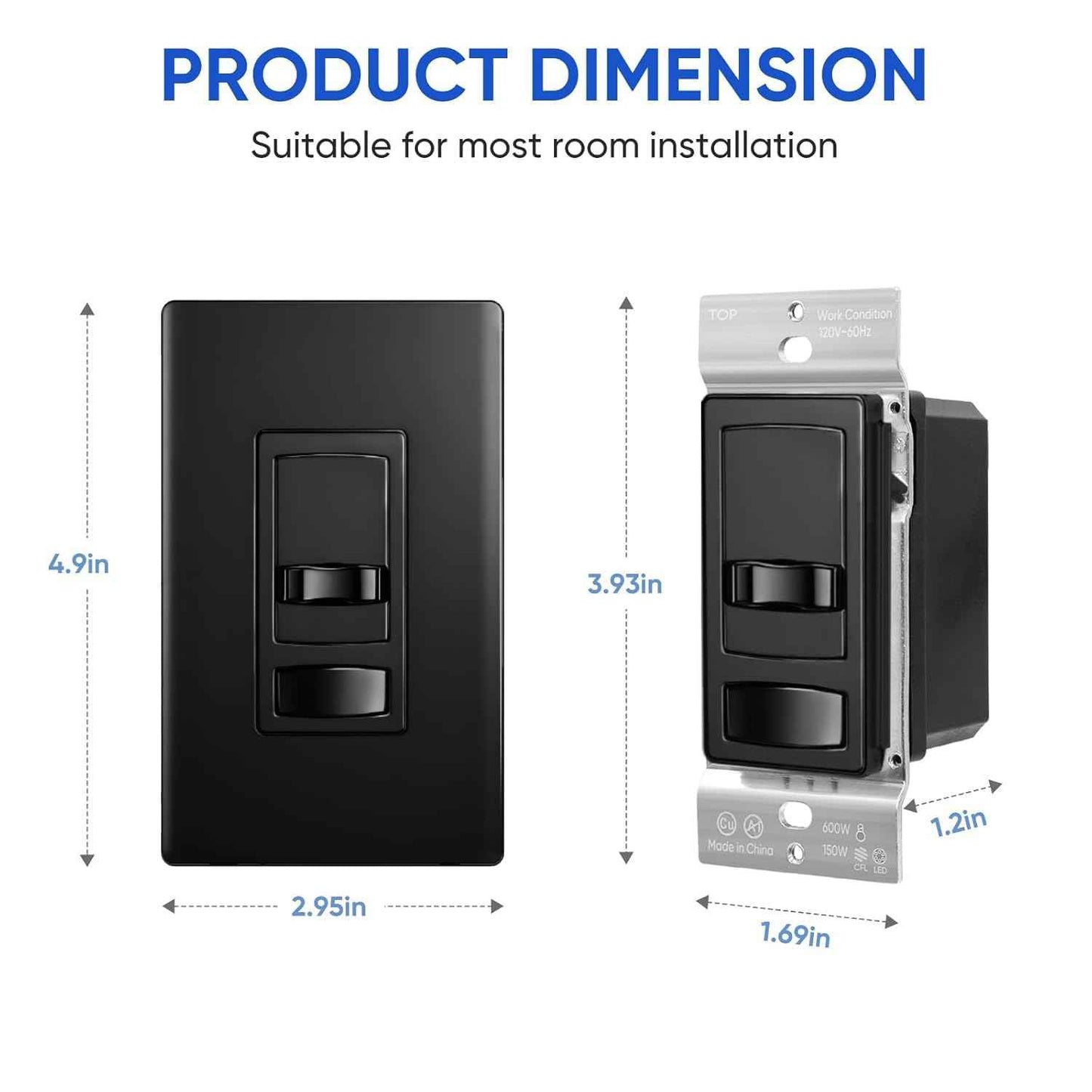 Dimmer Light Switch, for 300W Dimmable LED/CFL Lights and 600W Incandescent/Halogen, Single Pole/3-Way LED Slide Dimmer, Wall Plate Included, UL Listed, Black, 2PK