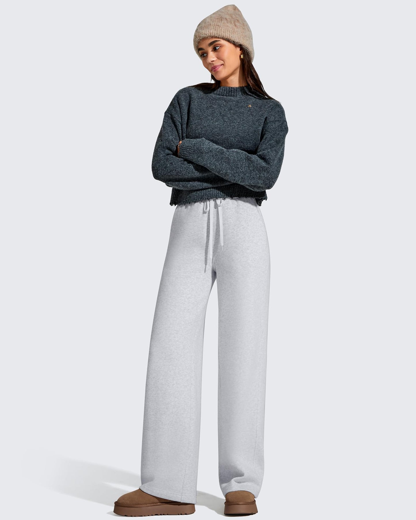 G4Free Fleece Lined Pants Women Comfy Cotton Wide Leg Pants Gray Sweatpants Baggy Elastic Waist Pants Winter Clothing (Light Heather,S,29'')