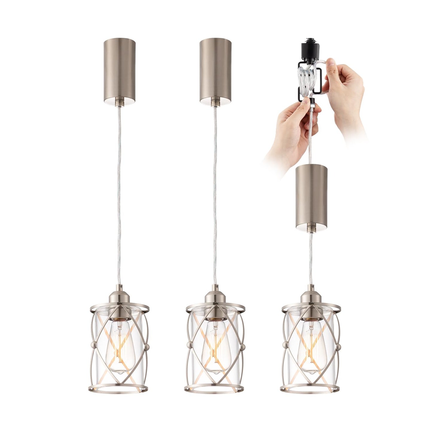 mirrea H-Type Brushed Nickel Track Lighting Pendant with Dotted Cage Clear Glass, Adjustable Hanging Light, E26 Socket, Pack of 3
