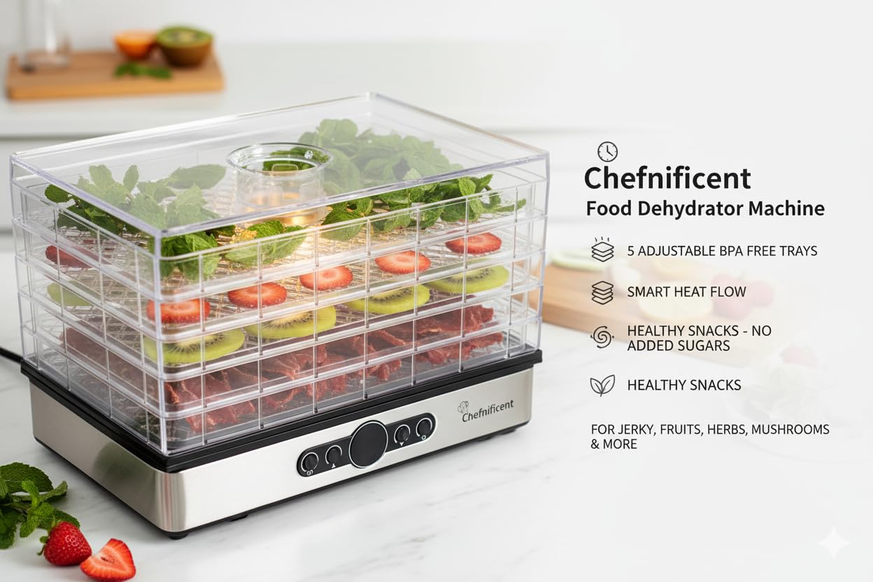 Chefnificent Food Dehydrator DryPro 400 Machine with 5 Adjustable Trays, Rapid 4 Hour Drying, BPA Free Fruit Dryer for Jerky, Herbs, Mushrooms, Freeze Dryer Alternative for Healthy Snack