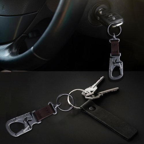 Ahiller Carabiner Keychain - 3.2" Auto Locking Key Holder for Car, House & Backpack. Minimalist Metal Keychain with Leather, EDC Organizer & Unisex Gift (Gunmetal)