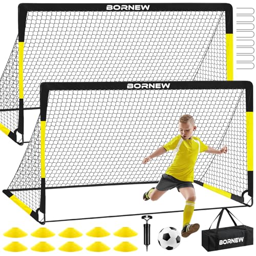 Kids Soccer Goal Set - 2 Portable 6' x 4' Nets, Ball & Gear - Black Yellow
