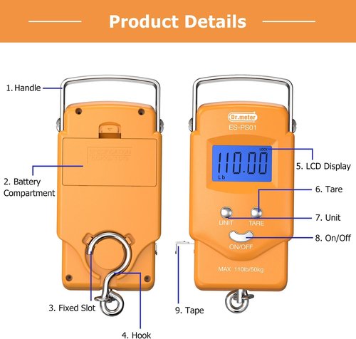 Dr.meter Fishing Scale - 110lb Digital Luggage Scale with Backlit LCD & Measuring Tape | Compact & Portable Fishing Gear