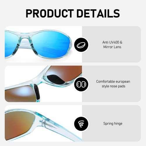 LKEYE Polarized Sports Sunglasses For Men Women Cycling Driving Fishing UV400 Protection Spring Hinge Goggles Wrap Around Mirror Lenses Sun Glasses LK6092 Blue/Blue
