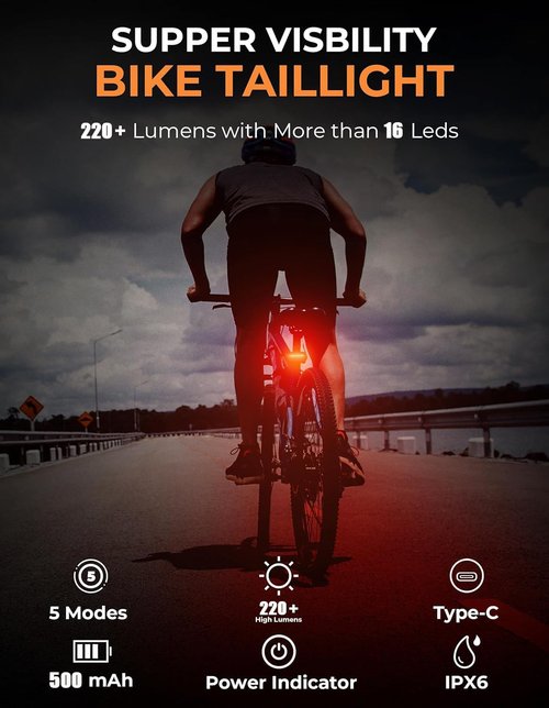 220 LM Rechargeable Bike Tail Light, IPX6 Waterproof Cycling 260° Wide Visible Safety Flashlight,Can emit a Large Light spot 5 Light Mode for Adult Kid Road Mountain Accessories for Night Ride