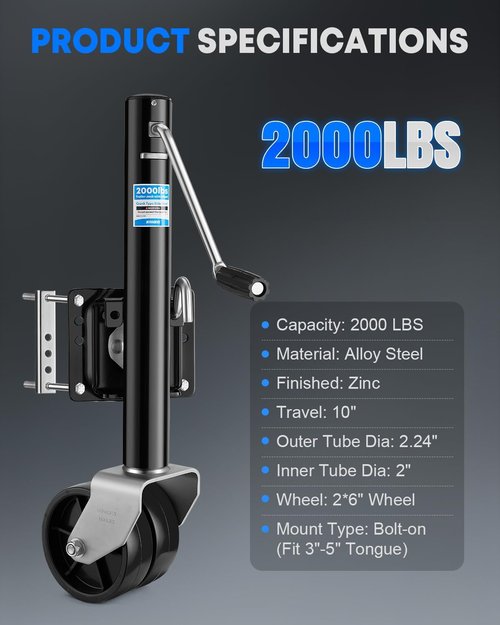 Kohree 2000 lbs Trailer Jack - Heavy Duty Dual Wheel Swivel for RV & Boat | 11" Lift, Black