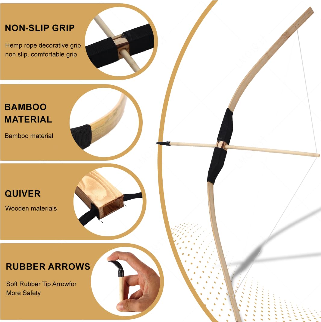 AHOSOUTLY Wooden Bow and Arrow Set for Kids, Handmade Archery Toy with 5 Safe Arrows & Quiver, Outdoor Indoor Role Play Props Games for Boys Girls Ages 4-18, Educational Birthday Gifts for Youth