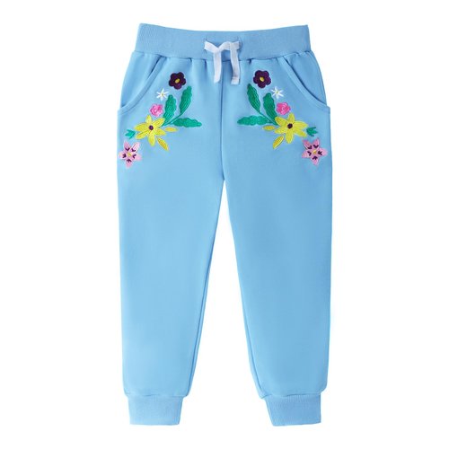HILEELANG Toddler Girls Cotton Joggers Sweatpants Floral Embroidery Drawstring Waist and Pockets-Pink Blue Casual Athletic Pants for Kids 3Y