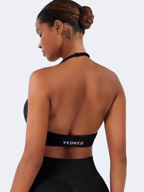 YEOREO SoftHue Women Halter Sports Bra Impact Longline Strappy Bra V Neck Padded Open Back Workout Gym Crop Top Black M