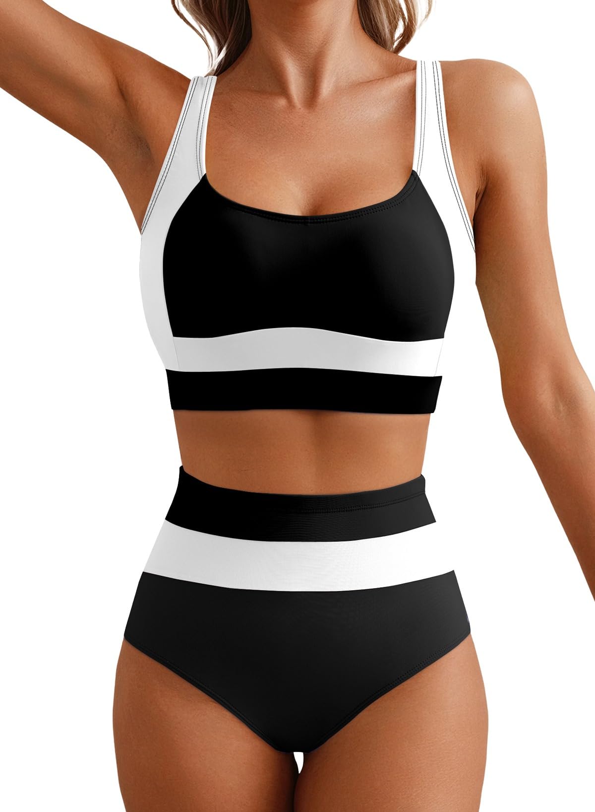 Herseas Women Bikini Sets Sporty Colorblock Two Piece Slimming Swim Suit Wide Straps High Rise Push Up Bathing Suits Sporty Trendy Swimming Pool Outfits Black Medium