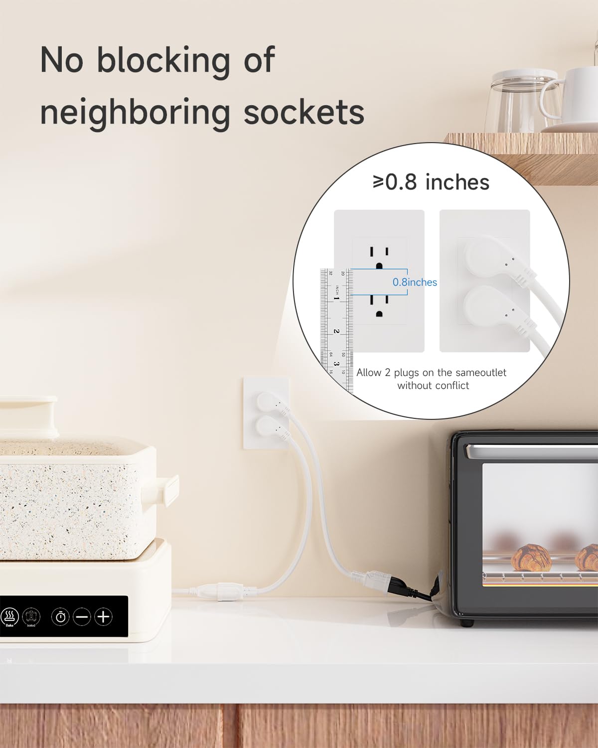 1Ft Flat Plug Short Extension Cord, 90 Degree Plug Adapter, White Low Profile 3 Prong Small Grounded Cords 14 AWG 15A 1875W 2 Pack