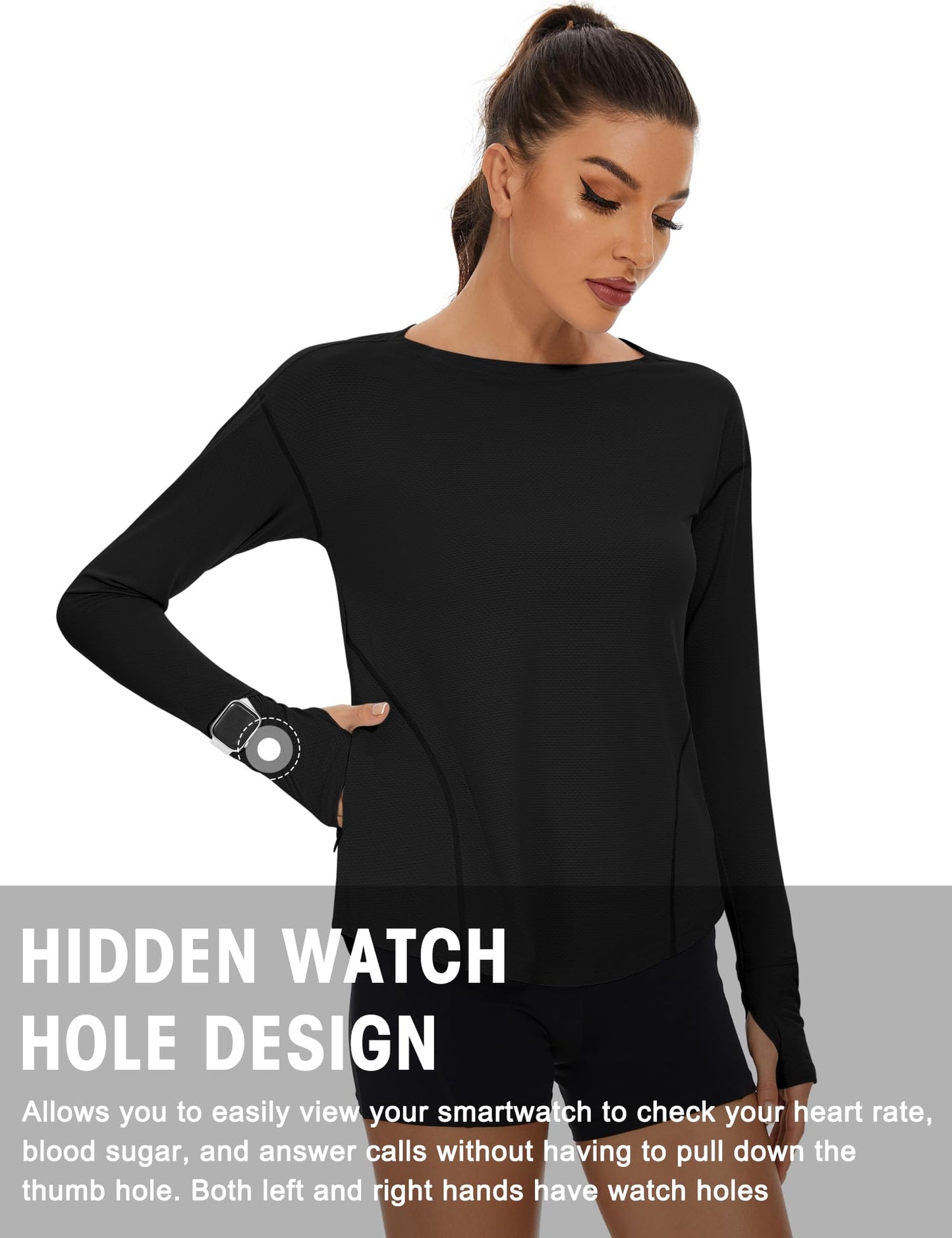Loovoo Long Sleeve Running Tops for Women UPF 50+ Sun Shirts with Pocket Quick Fit Workout Shirt Boat Neck Yoga Tops Activewear Black Large