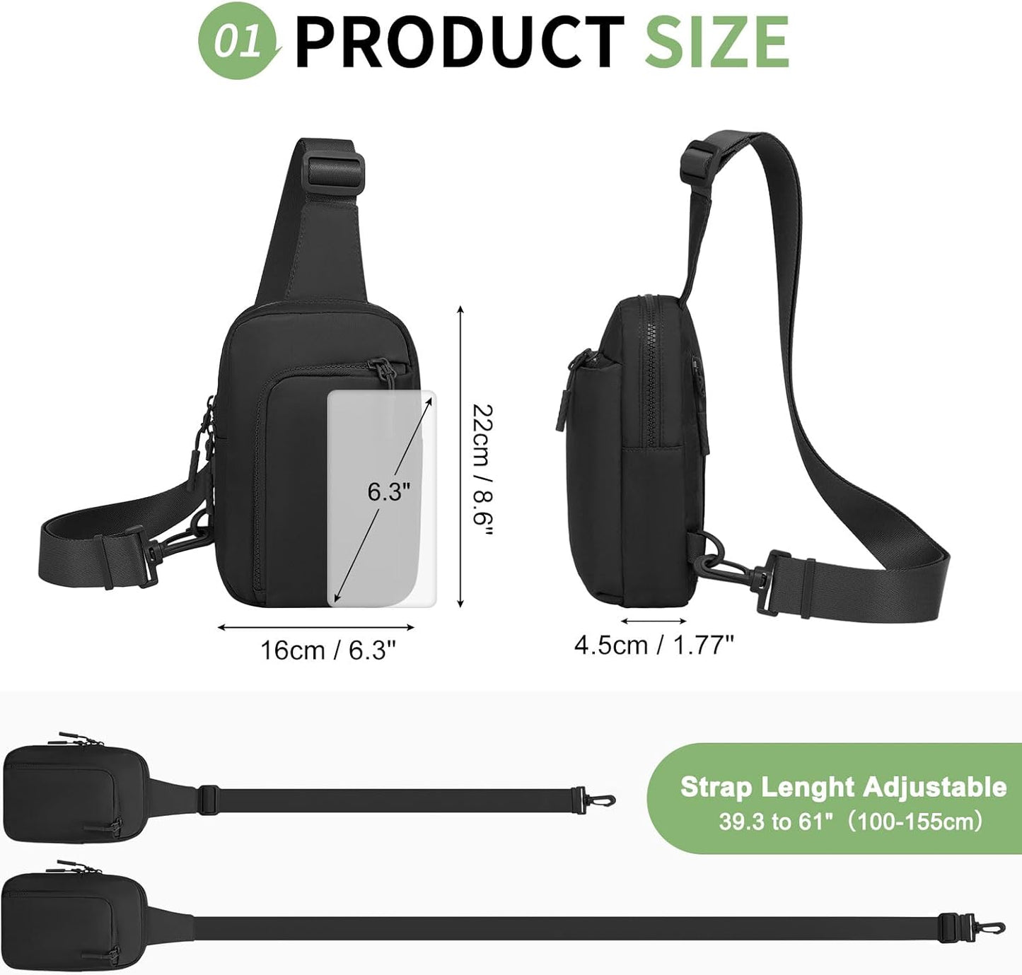 Mini Sling Bag for Men Women, Crossbody Fanny Packs Fits for 6.3" Phone, Reversible Nylon Chest Bag for Travel Running Hiking (Black)