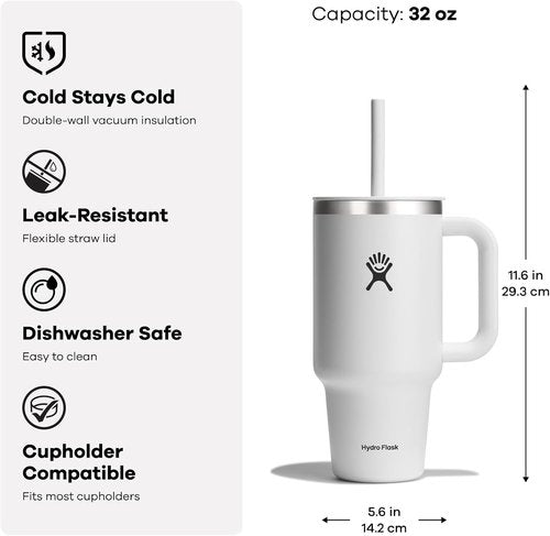 Hydro Flask Travel Tumbler - Insulated Stainless Steel with Handle, Lid & Straw | 32 Oz Seacliff