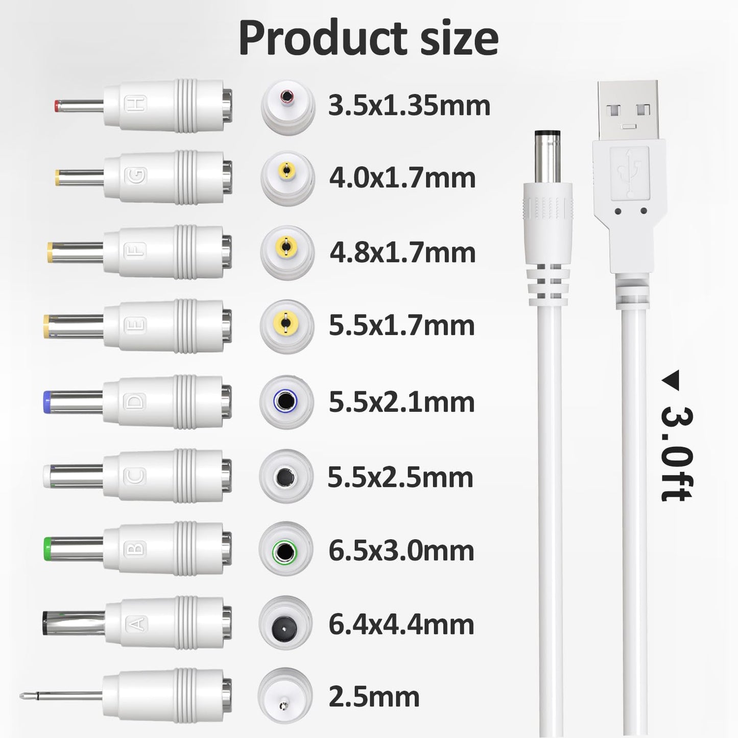 Cordro USB to DC 5V Power Cord, Universal DC 5.5x2.1mm Plug Jack Charging Cable with 9 Adapters for Moon Lamp, Massage Wand, Router, LED Light, Mini Fan, Speaker and More Devices (White)