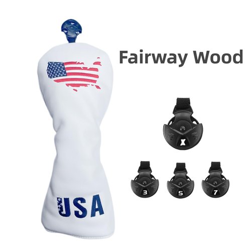 USA Golf Club Covers Set,Driver Headcover Hybrid Headcover and Fairway Wood Head Covers, Premium PU Leather White Golf Head Covers for Woods and Driver,Golf Gifts for Men Golfers