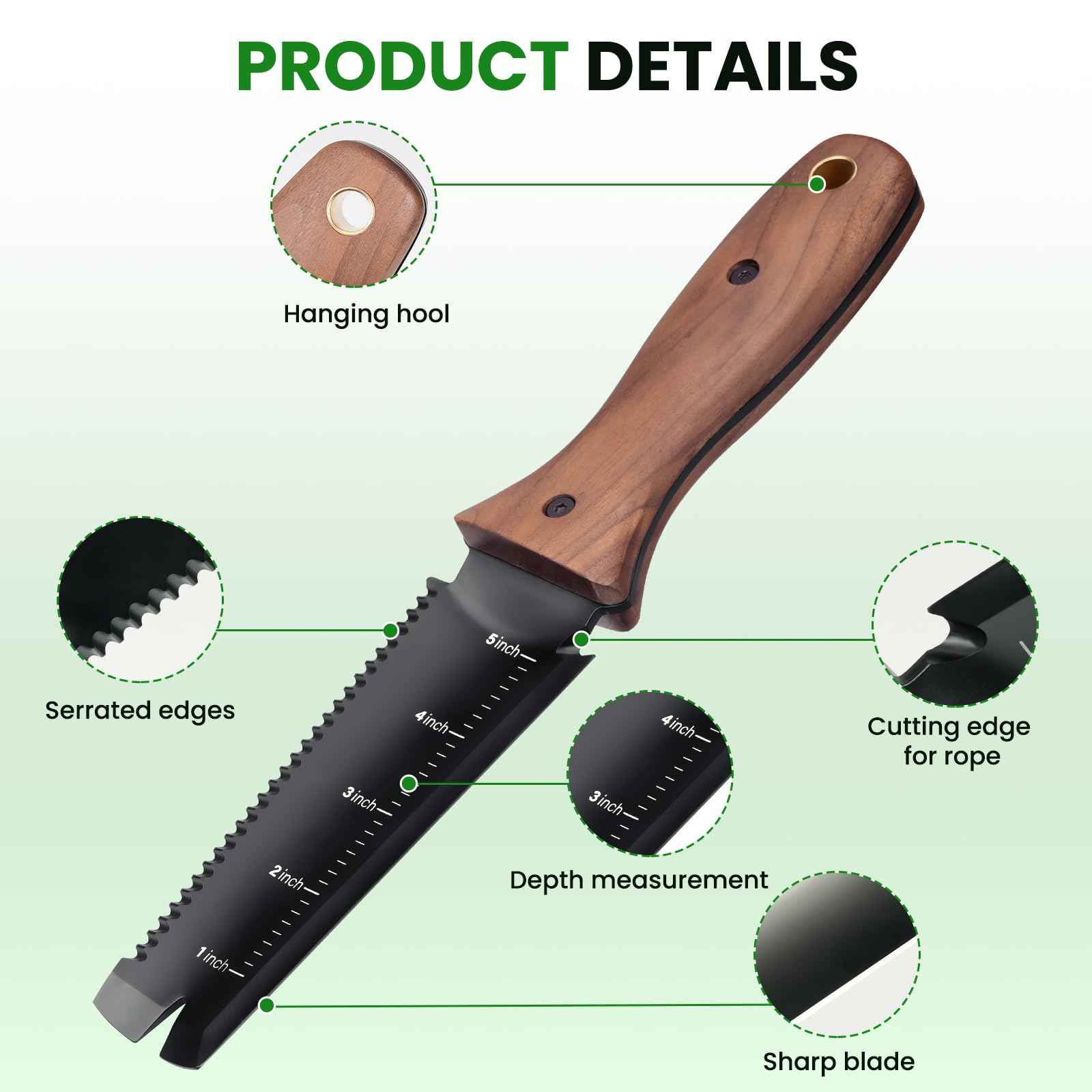 PERWIN Hori Hori Garden Knife, Garden Tools with Sheath, 6" Stainless Steel Blade with Cutting Edge, Full-Tang Walnut Ergonomic Wood Handle with Hanging Hole, Weeding, Planting, Digging…