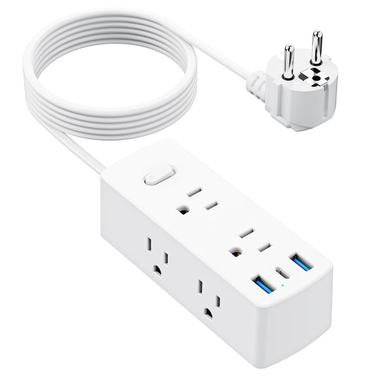 European Travel Plug Adapter, Olcorife US to Europe Type E/F Plug Adapter, International Power Strip with 6 Outlets and 3 USB(1 USB-C), 5 FT Cord for Germany France Iceland Spain
