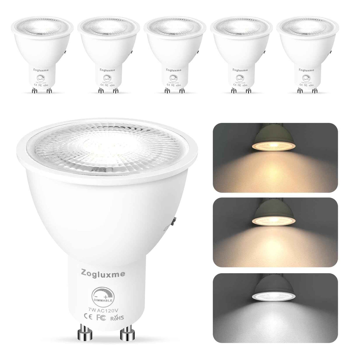 Zogluxme 6-Pack Dimmable GU10 LED Bulbs, 50W Equivalent, 3000K/4200K/6000K Adjustable White, 7W, 600 Lumens, Spotlight, Indoor, ABS & Aluminum, High Efficiency, 100-120V, 60Hz