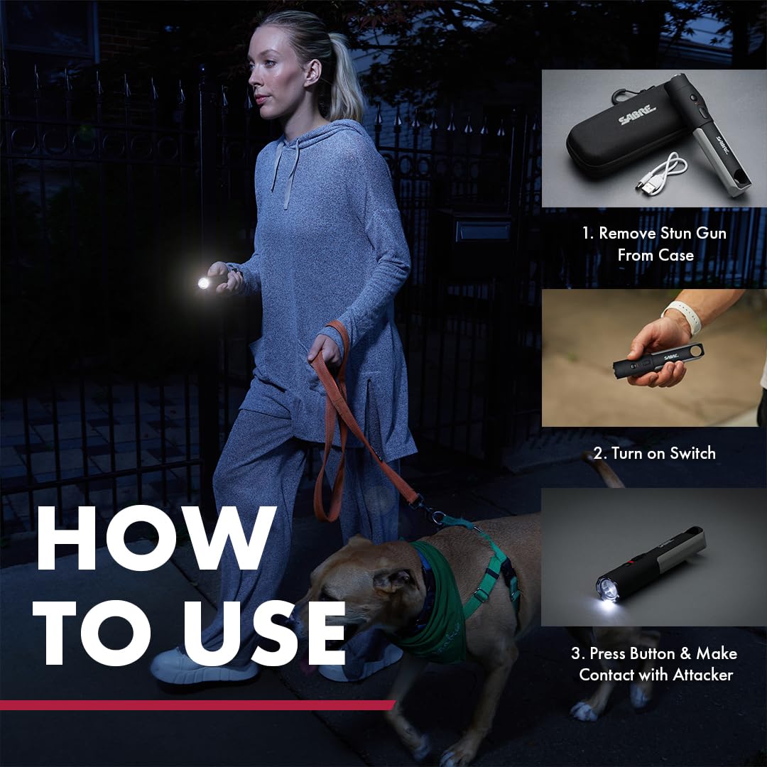 Sabre 2-in-1 Flashlight Design with Built-in Stun Gun, Powerful 1.76 µC Charge, 200 Lumen LED with 3 Modes; High, Low and Strobe, Rechargeable Battery, Hard Case and USB-C Charging Cord Included