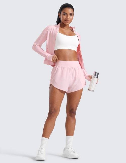 CRZ YOGA Dolphin Flat Waist Athletic Shorts for Women 3" - High Rise Quick Dry for Running Workout Gym Track with Zip Pockets Strawberry Pink Small