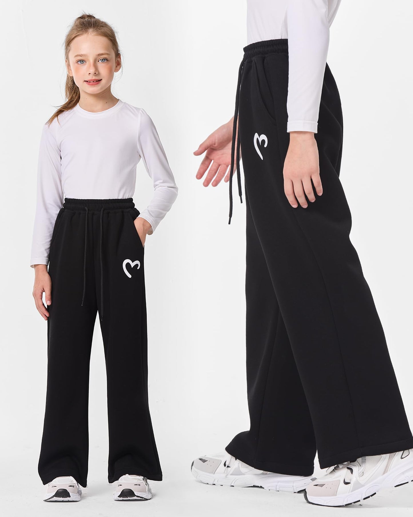 Hvididan Girls Wide Leg Sweatpants Drawstring High Waist Baggy Track Pants Cute Print Sweatpants with Pockets for Teen 5-14Y, Size 11-12 Years Black