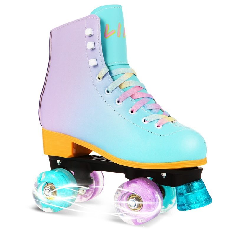 LIKU Quad Roller Skates for Girl and Women with All Wheel Light Up,Indoor/Outdoor Lace-Up Fun Illuminating Roller Skate for Kid (Purple, J12-J13)