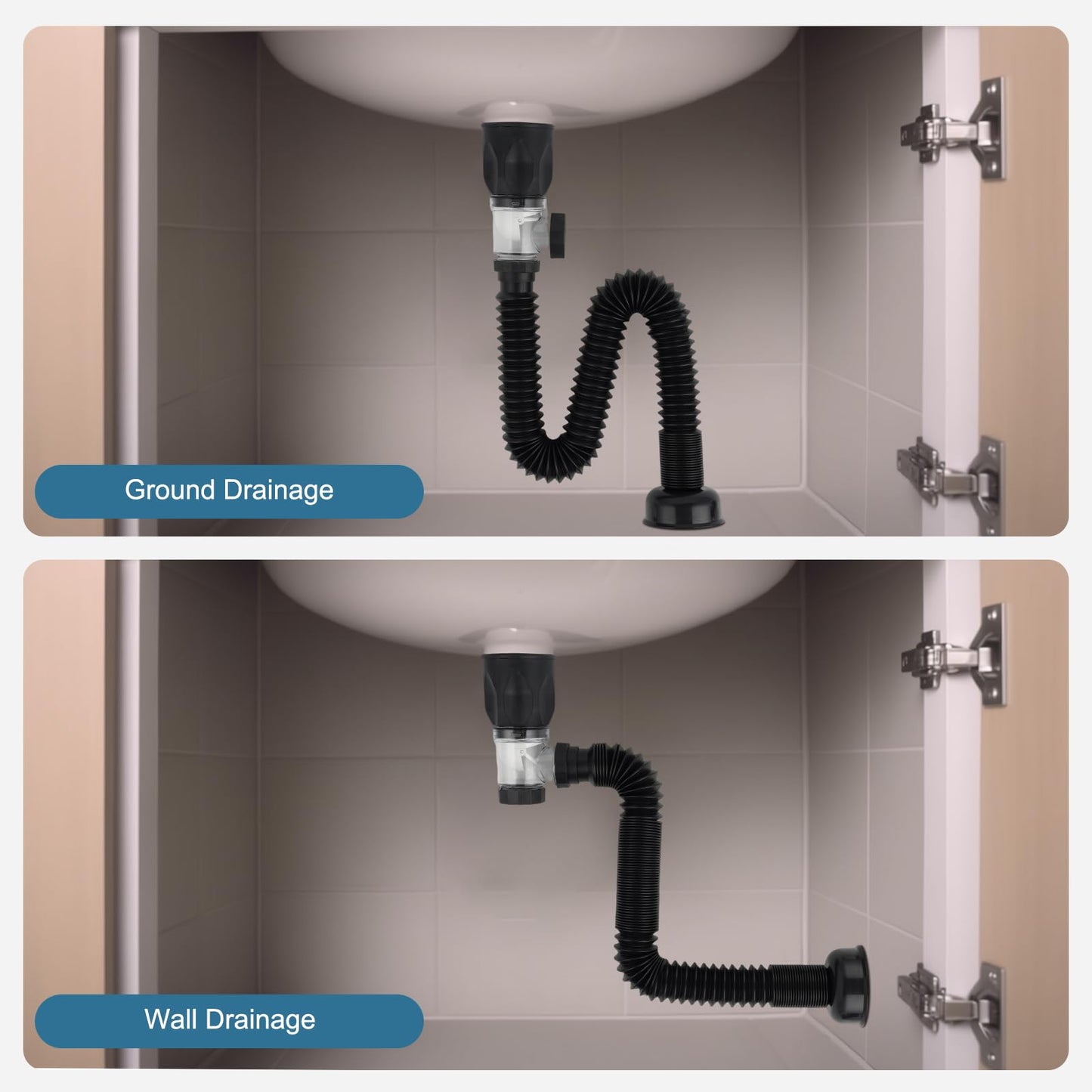 iFealClear Bathroom Sink Drain Kit, Flexible P-Trap Drain Pipe with Pop Up Stopper, Expandable Bathroom Sink Pipe Replacement with 2 Adapters, Fits 1-1/4'', 1-1/2'', 2" Holes, Hair Catcher, Chrome