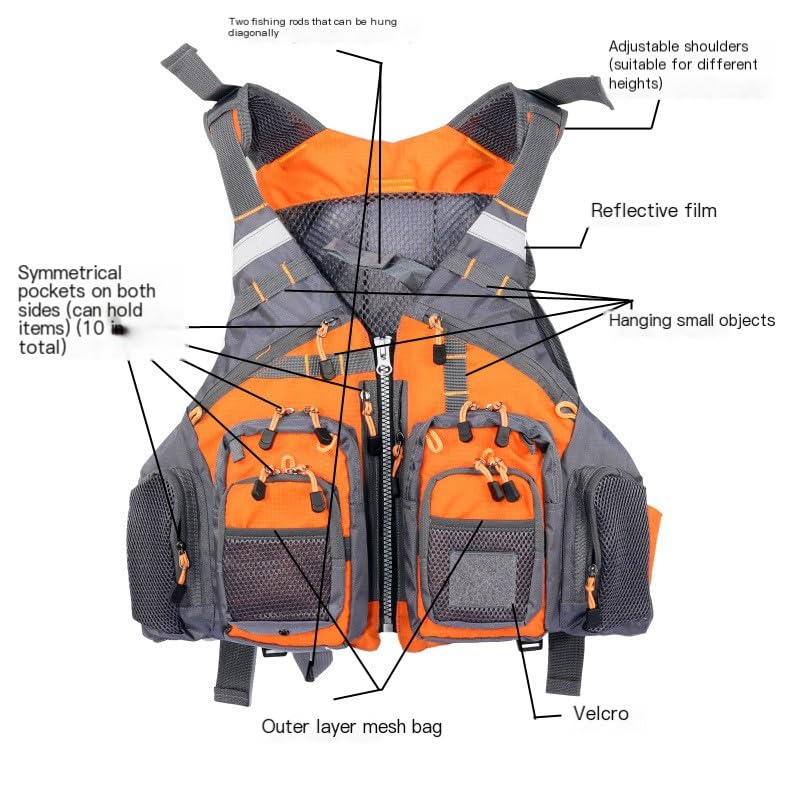 Fly Fishing Vest with Foam - Adjustable Safety Life Jacket - Orange