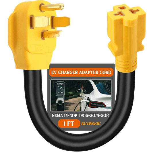 Tellegloww 14-30P to 6-20/15R or 5-20/15R EV Dryer Adapter Cord Compatible with NEMA 30 Amp 4 Prong 240V to 20/15 Amp 3 Prong 240V 6-20/15R or 5-20/15R T Blade for EV Charger HVAC 12 AWG 1FT