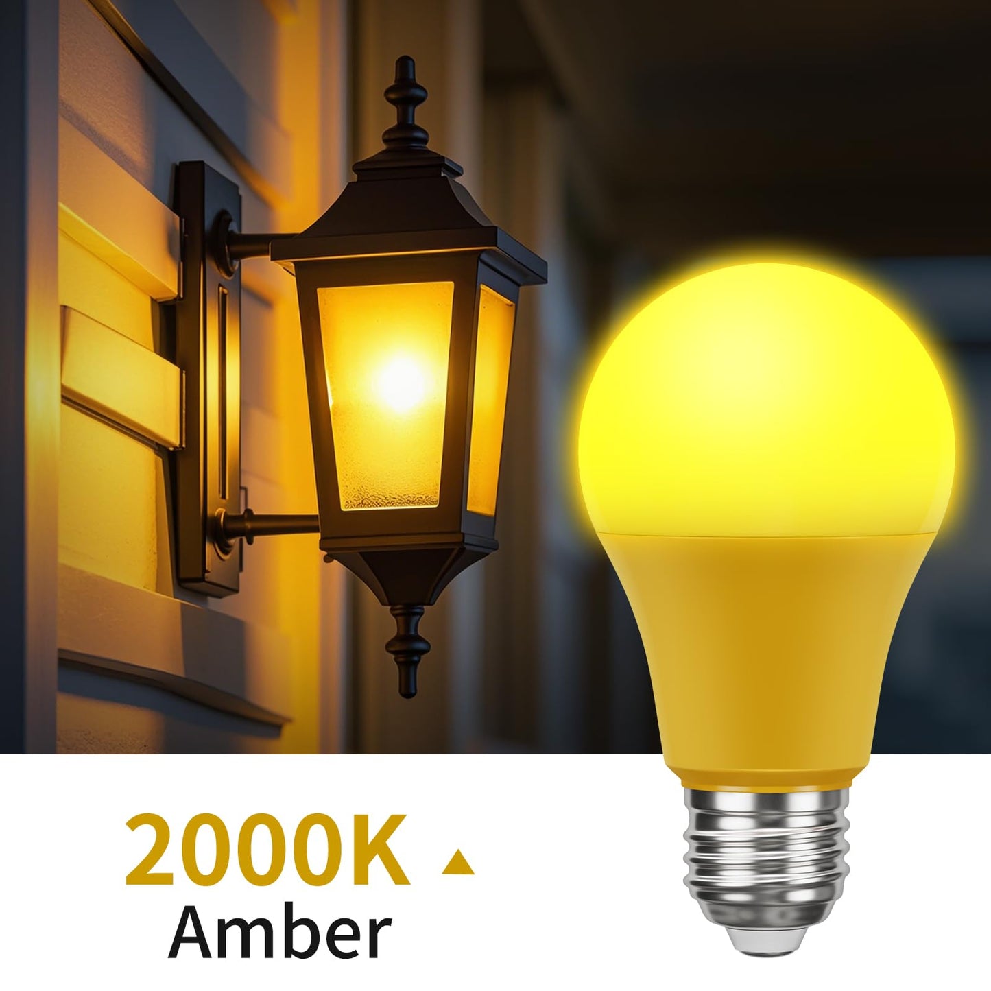 Roche Jaune Bug Light Bulbs, Yellow Bug Lights for Outside, A19 9W Equivalent 60W, 2000K Amber Porch Light Bulb, E26 Base, Not-Dimmable, Perfect for Patio, Deck, Backyard, 2 Pack
