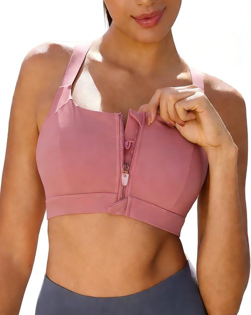 FLORATA Women's Sports Bra - Seamless Zip Front Design | Wire-Free & Padded Yoga Bra with Removable Cups