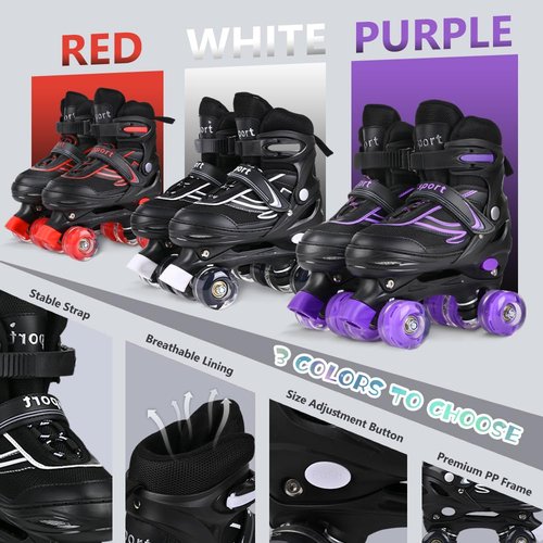 G MGY OLED Boys Roller Skates, 4 Size Adjustable Roller Skates with All Wheels Light up, Fun Illuminating Rollers Skates for Boys Skates, Black White (Youth 4-7)