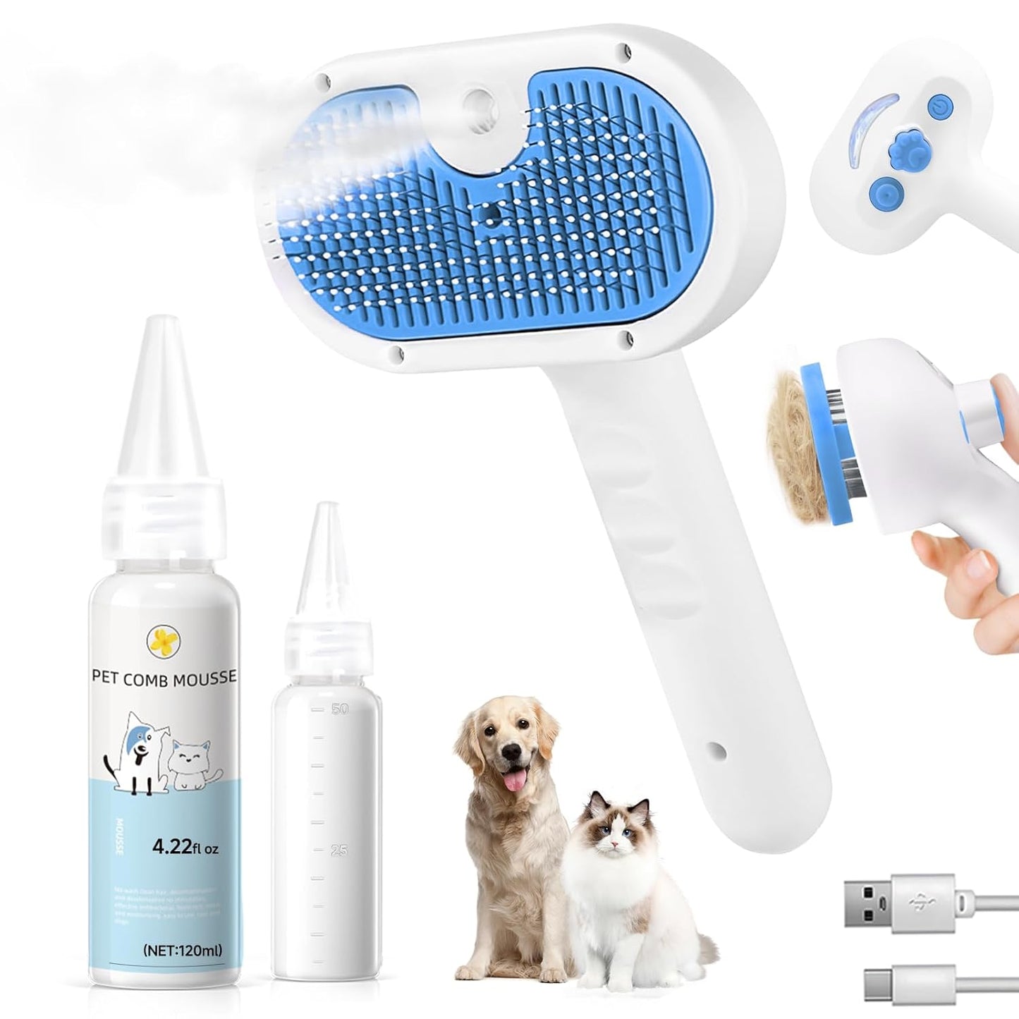 Skiennix Pet Steam Brush - 3-in-1 Grooming Tool for Dogs & Cats - Self-Cleaning Mist Comb, Blue
