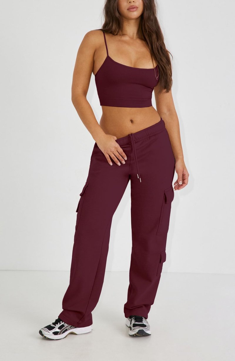 Waitfairy Cargo Sweatpants for Women Straight Leg Fleece Lined Joggers Women Barrel Baggy Sweat Pants for Girls Fall Outfits Red M