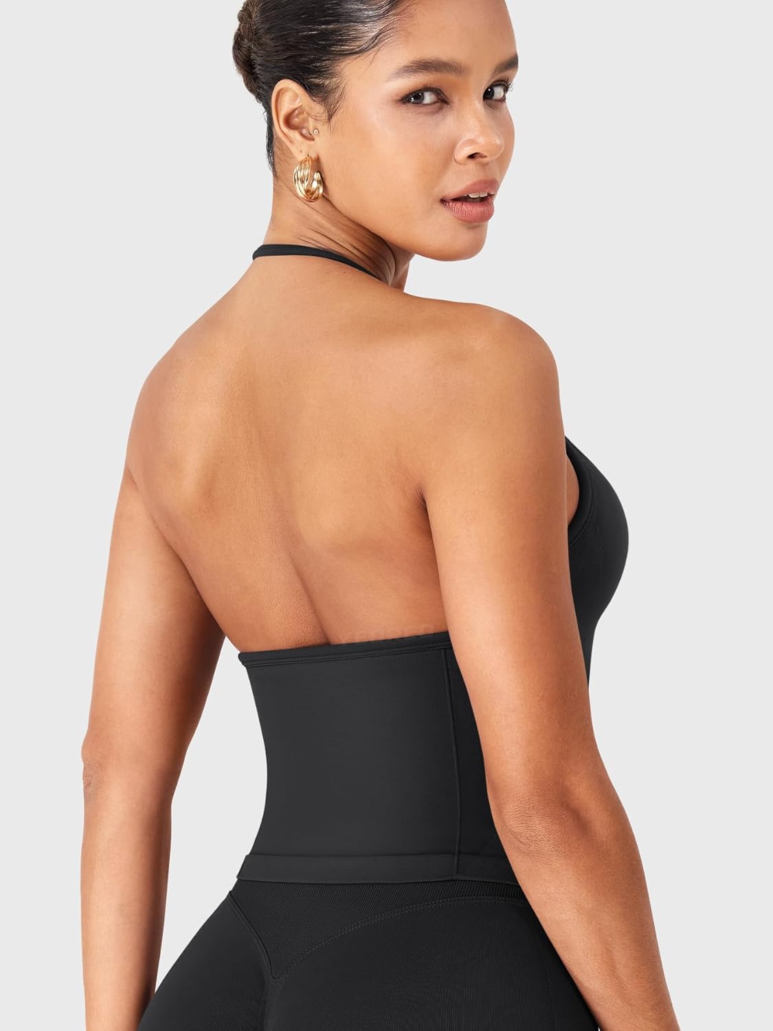 YEOREO SoftHue Impact Longline Halter Workout Tank Top - Adjustable Straps, Backless Design