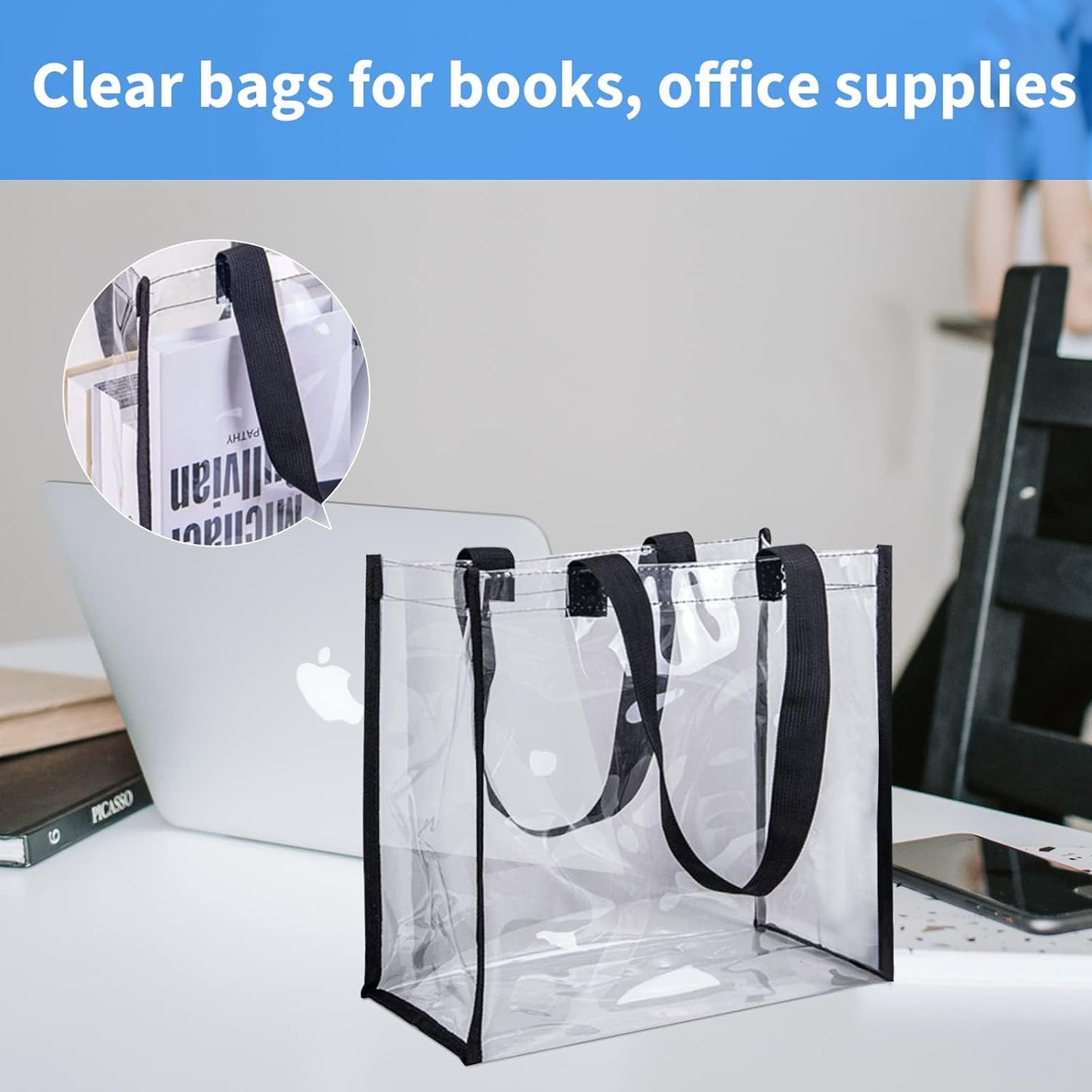 Skiennix Clear Tote Bag - Durable PVC with Handles for Work, Beach, Lunch | 12x12x6 Inch Size