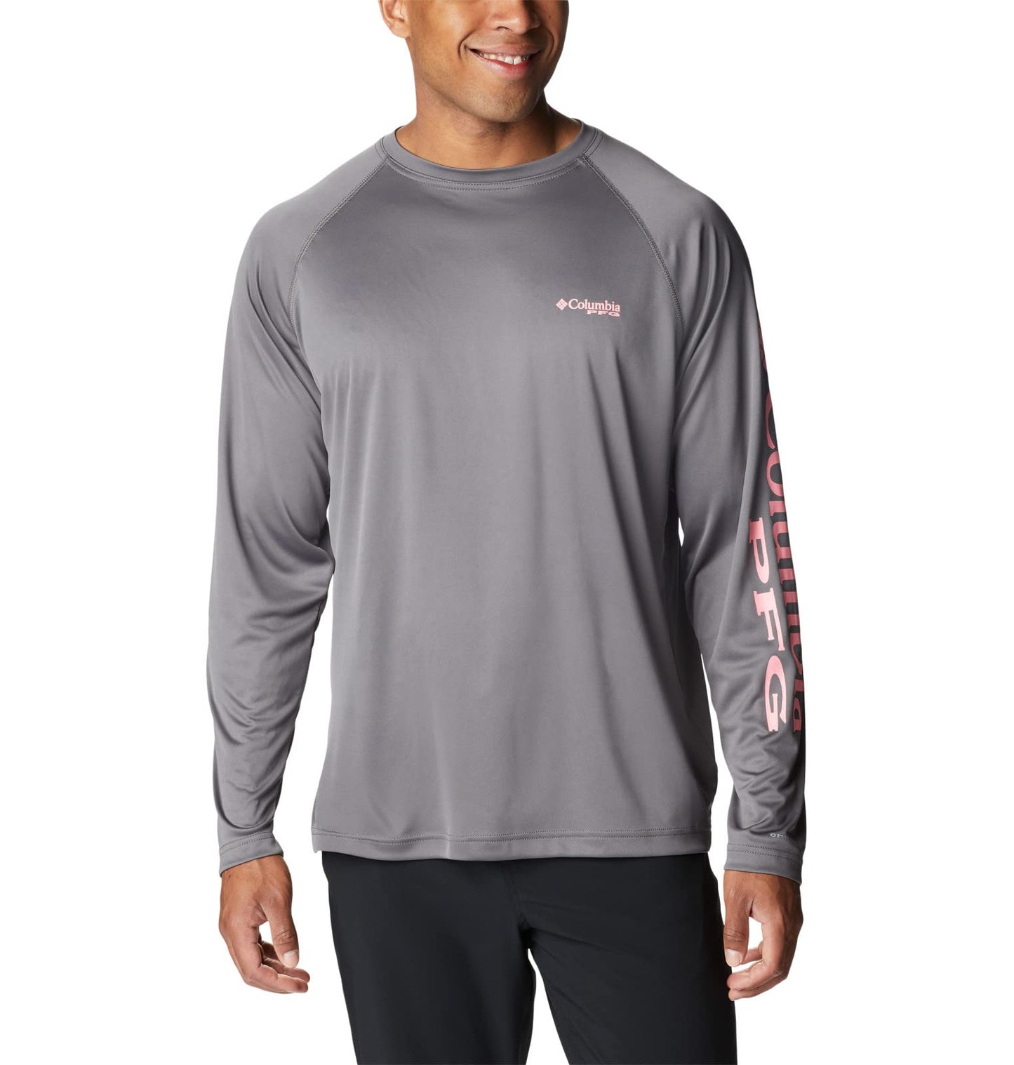 Columbia Men's Terminal Tackle Long Sleeve Shirt, City Grey/Pink Pop Logo, 3X Tall