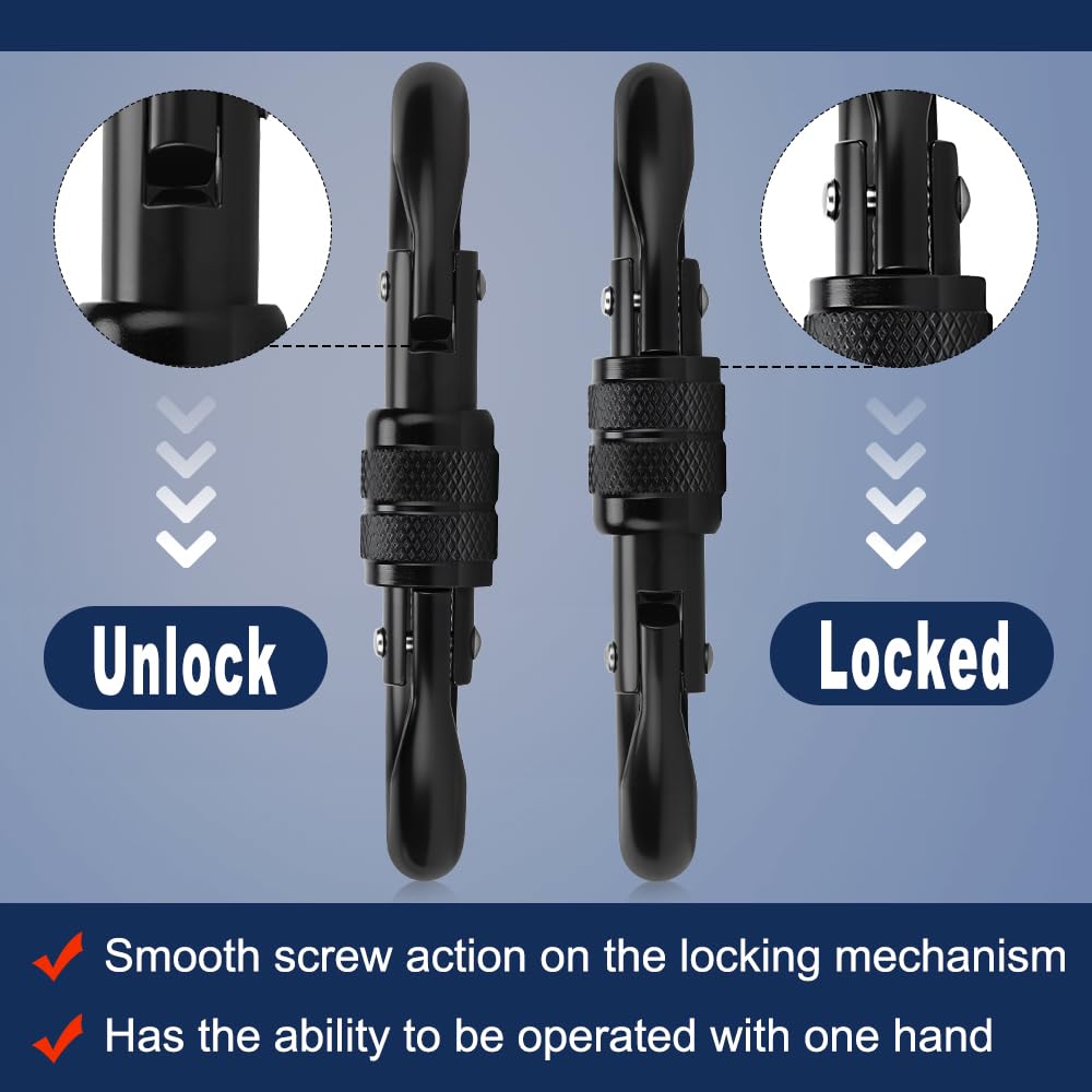 Kvittra Auto Locking Carabiner Heavy Duty Carabiner, Carabiner Clips(25KN=5600 lbs), Large Carabiner Clip for Keychains,Hammock,Camping, Gym, Hiking, Outdoor,Dog Leash (Black 2 Pcs)