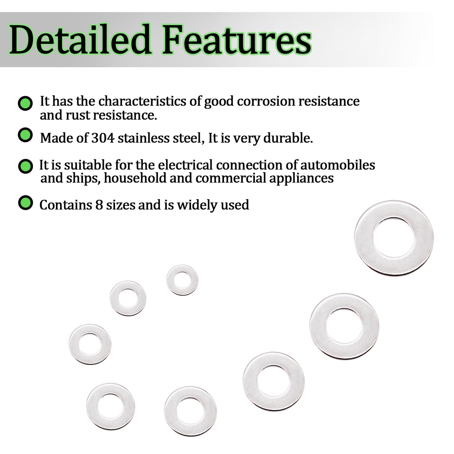 270 PCS 304 Stainless Steel Flat Washers Assortment Kit 8 Size-1/2 3/8 5/16 1/4 12# 10# 8# 6# 304 Stainless Steel Flat Washers for Screws Bolts