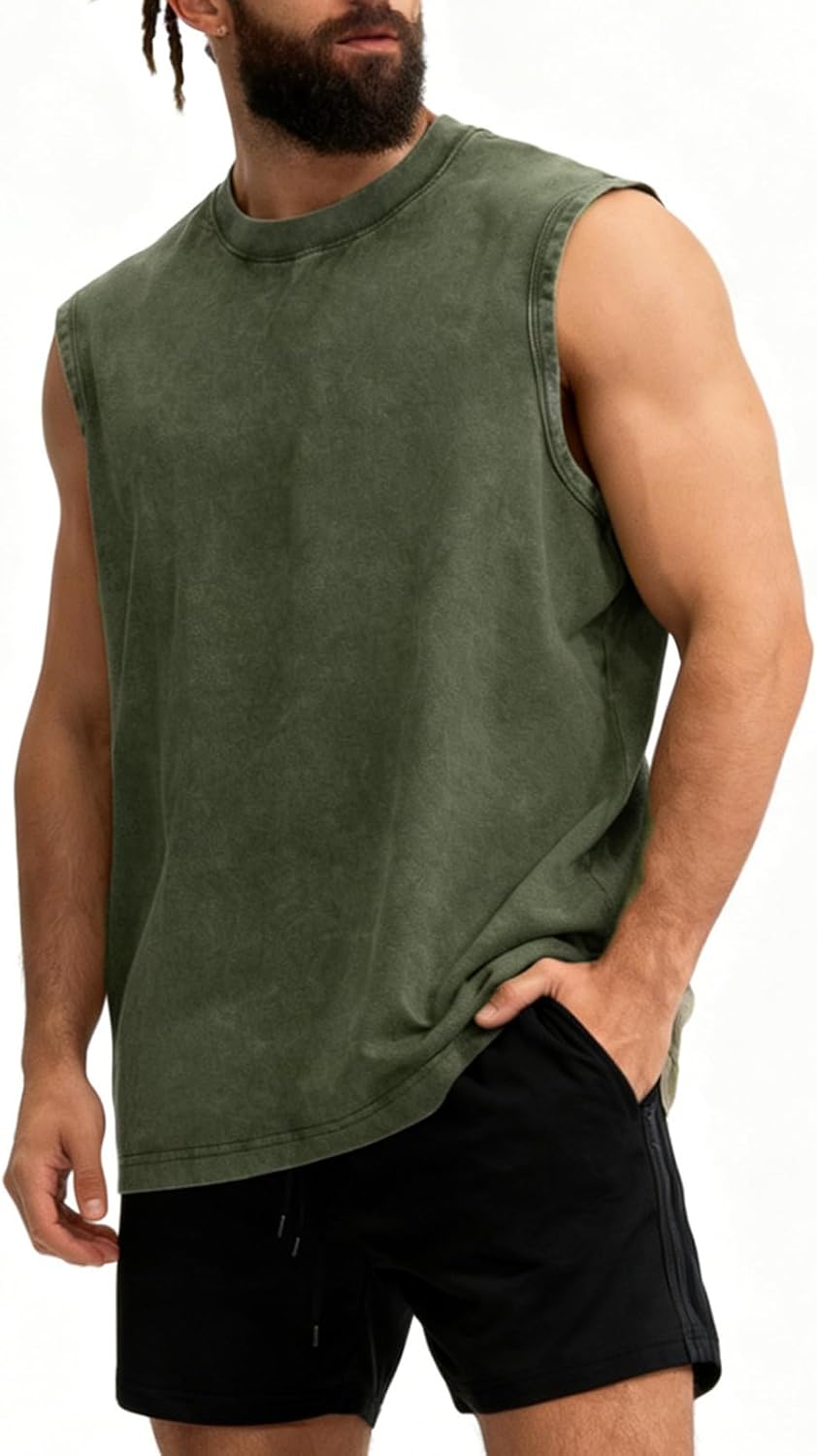 Skiennix Men's Muscle Tank Top - Sleeveless Cotton Gym Tee for Running | Acid Wash Design