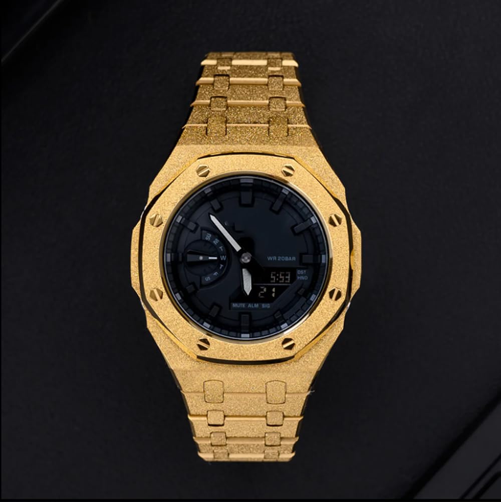 BMT GA2100 Watch Band Case Mod Kit, Stainless Steel Strap Bezel Replacement Accessories Frosted Surface Compatible with Men's Watches G-Shock GA-2100/GA-2110/GA-B2100 (Frost Gold)