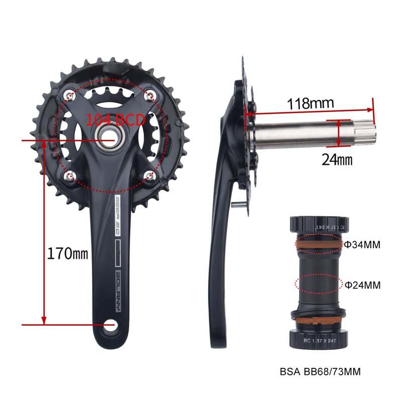 BOLANY Bike Cranksets 170mm Hollow Integrated 104BCD Double Speed Round Chainring 22/36T 24/38T MTB Crankset with Bottom Bracket (22/36T)