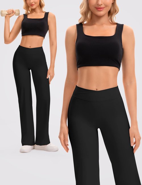 Ieumaz Straight Leggings for Women V Crossover High Waisted Wide Leg Yoga Pants Stretch Casual Gym Workout Yoga Pants Black