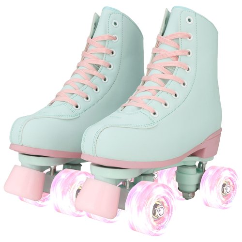 XUDREZ Roller Skates for Girls and Women, Light Green PU Leather Indoor Outdoor Roller Skates with Pink Light Up Wheels for Youth Kids Girls Ages 6-12 (33-Youth 2)