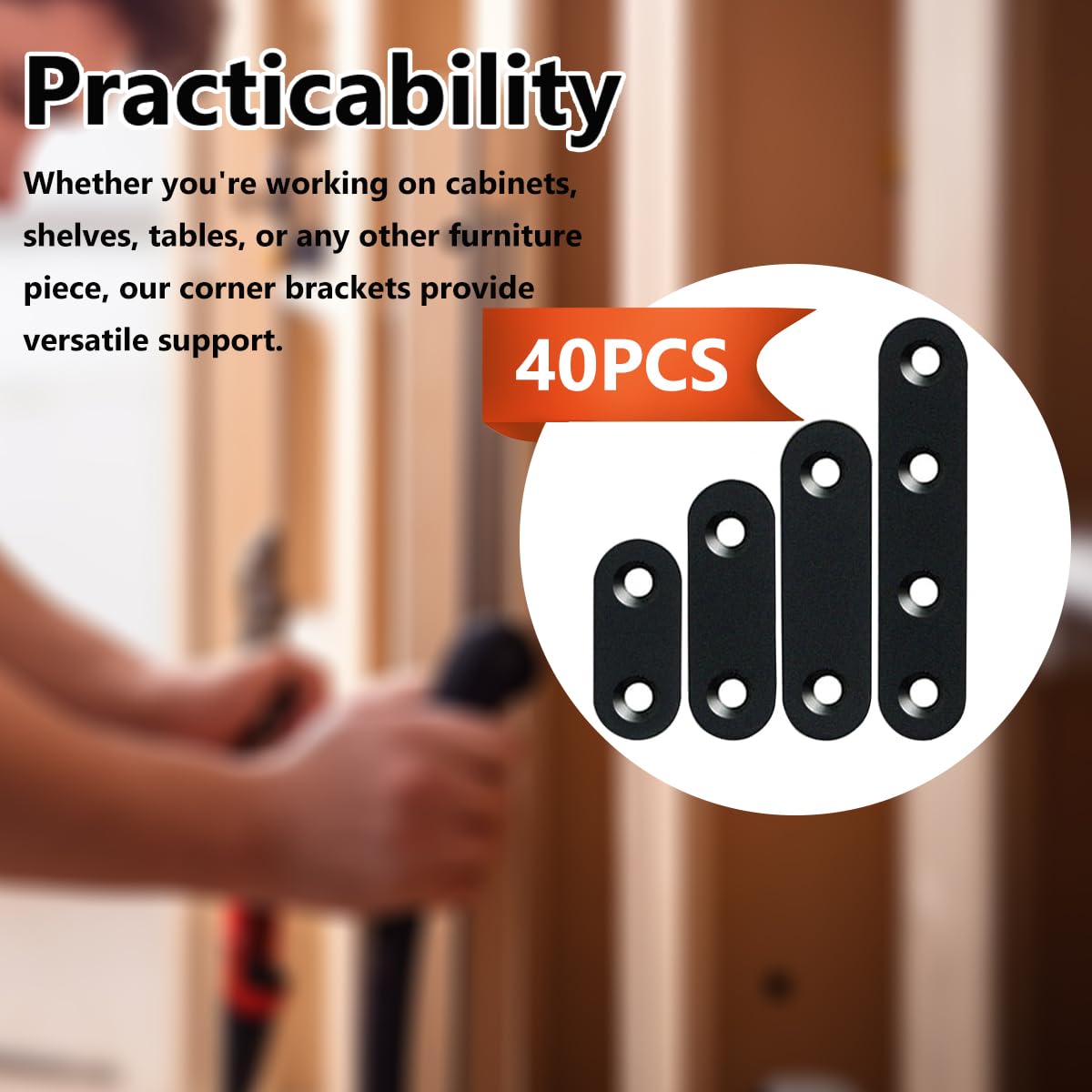 QSJ 40 Pack Black Corner Braces Flat Bracket Set 1.42/1.81/2.2/3inch Stainless Steel Metal Plate for Wood