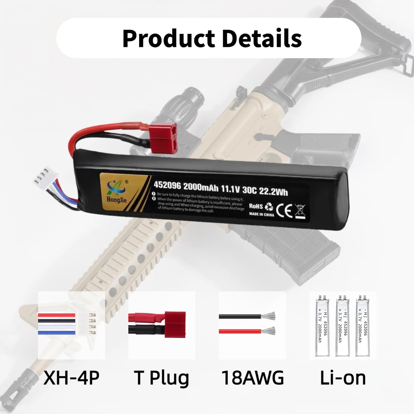 Itexkun 11.1V Airsoft Battery 2000mAh 30C Rechargeable Li-Po T Plug 452096 for Most Airsoft Model Guns Gel Water Bead Blaster with USB Cable (3S 452096)